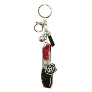 Rhinestone Lipstick & Camelia Flower Keychain Bag Charm With Tassel